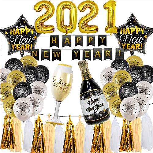 2021 Decoraciones de Año Nuevo,33 Piezas Feliz Año Nuevo Banner Globos de Látex,Feliz Año Nuevo Decoraciones de Fiesta,Kit de Decoración de Fiesta Negro Dorado,para Año Nuevo,Fiesta de Graduación