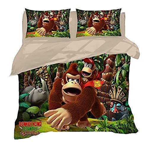 227 Donkey Kong - Juego de ropa de cama de 3 piezas con funda de edredón 3D y 2 fundas de almohada, tamaño A02, tamaño individual, 140 x 210 cm