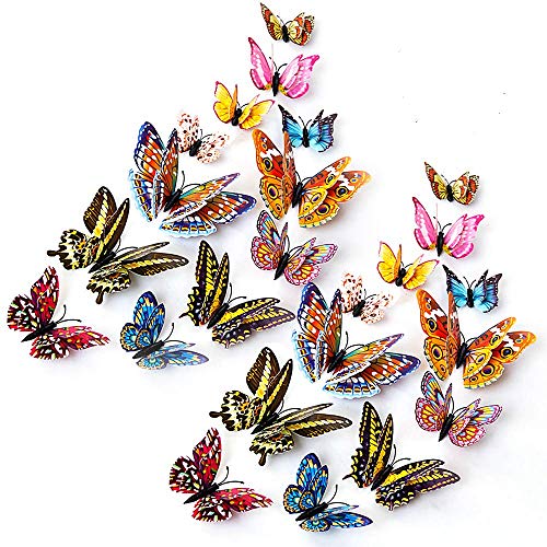 24 Piezas Mariposa 3D Pegatinas de Pared Mariposas de Pared Accesorios para el Dormitorio para niñas, Capas Dobles AlasDecoración de Mariposas，con imán