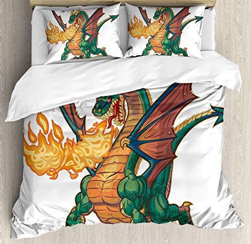 459 Juego de funda de edredón con diseño de dragón, mítico, juego de cama con 2 fundas de almohada, tamaño king, color verde y naranja