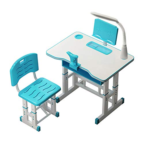 4YANG Juego de escritorio y silla para niños, mesa de estudio ajustable en altura con cajones de escritorio antirreflectantes, luz LED, lector y ortesis, ideal para niños de 3 a 15 años (azul)