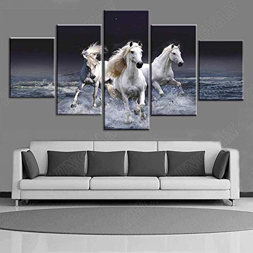 5 imágenes consecutivas Impresión en HD Pintura en lienzo Animales Carreras de caballos Grupo de arte en la playa Decoración para el hogar Póster de pared Imágenes modulares Pintura colgante 150x80cm