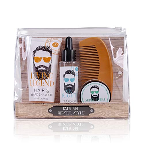 Accentra - Set de regalo Hipster Style para hombres, champú para cabello y barba, aceite para barba, cera para barba, peine de madera atractivo en una bolsa de PVC, paquete de 1 unidad (1 x 275 g)