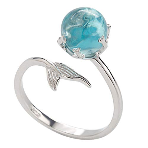 AchidistviQ Anillo ajustable con forma de cola de sirena azul con diamantes de imitación, para mujer, color plateado