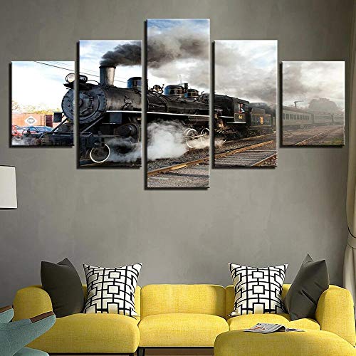ADKMC Cuadros Modernos Impresión de Imagen Artística Digitalizada | Lienzo Decorativo para Tu Salón o Dormitorio | Locomotora de Vapor de Tren | 5 Piezas 200x100cm（Sin Marco）