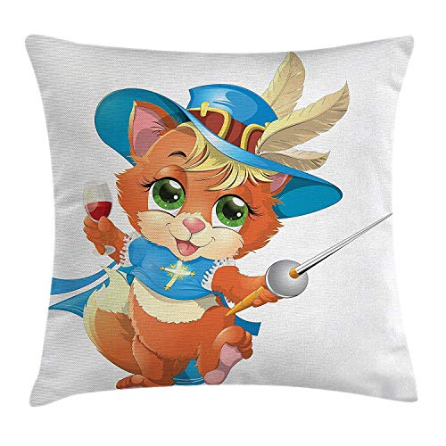 AEMAPE Mosquetero Gatito con una Copa de Vino Caballero Gato Divertido Estilo de Dibujos Animados, Funda de Almohada Decorativa Cuadrada, 18 x 18 Pulgadas, Azul Beige y Naranja AEMAPE Mosquetero Gatito con una Copa de Vino Caballero Gato Divertido Estilo de Dibujos Animados, Funda de Almohada Decorativa Cuadrada, 18 x 18 Pulgadas, Azul Beige y Naranja