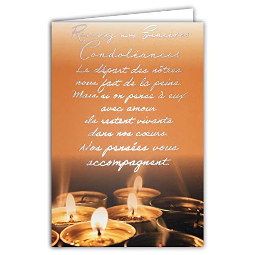 Afie 69-3063 - Tarjeta condolenicies de gran texto en plata con velas de terracota. Se entrega con sobre blanco. Formato de tarjeta cerrada 11,5 x 17 cm. Fabricado en Francia.