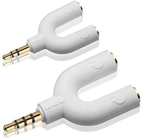 AFUNTA Headset Kit de Audio Estéreo del divisor, Herradura 3 Pin 3.5mm Jack para Auriculares + 2 forma de U 4 adaptador del Pin de 3,5 mm 2 de 4 patillas para Auriculares con Micrófono para Móviles, ordenadores, MP3, Tablet (Blanco)