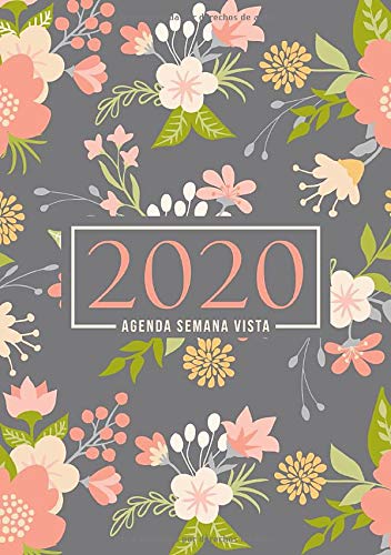 Agenda semana vista 2020: Del 1 de enero de 2020 al 31 de diciembre de 2020: Diario, organizador y planificador con vista semanal y mensual español: Floral rosa y verde sobre gris 946-1