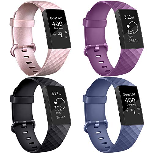 AK Correa para Fitbit Charge 3/Charge 3 SE, Reemplazo Ajustable Correa Accesorios Deporte para Fitbit Charge 3 (4-Pack Black+Rose Gold+Purple+Blue, Large)