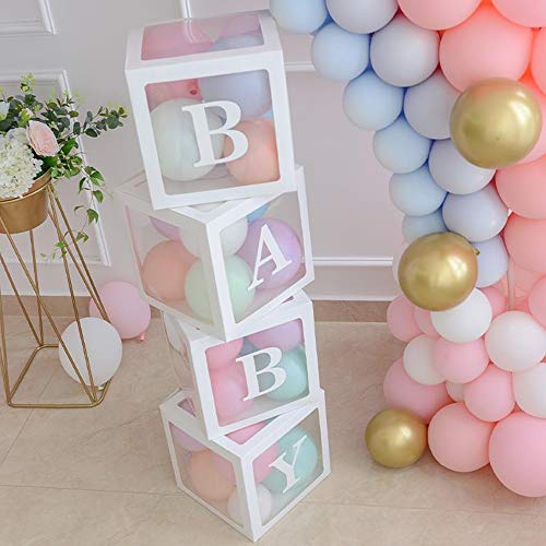 ALITREND Cajas para Baby Shower para Decoración de Fiestas, 4 Cajas de Globos Transparentes para Decoración de Bloques de Bebé con Letra para Revelar el Género Fiestas Niños y Niñas (Blanco3)