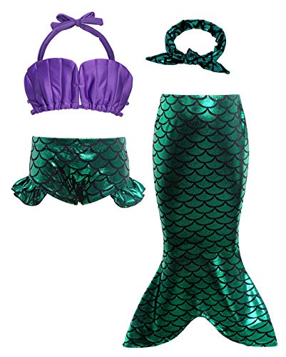 AmzBarley Princesa Sirenita Bañador Disfraz Cumpleaños 4 Piezas Sirena Traje Baño Bikini Set Niña Swimwera Muchschas Chicas Verano 5-6 Años