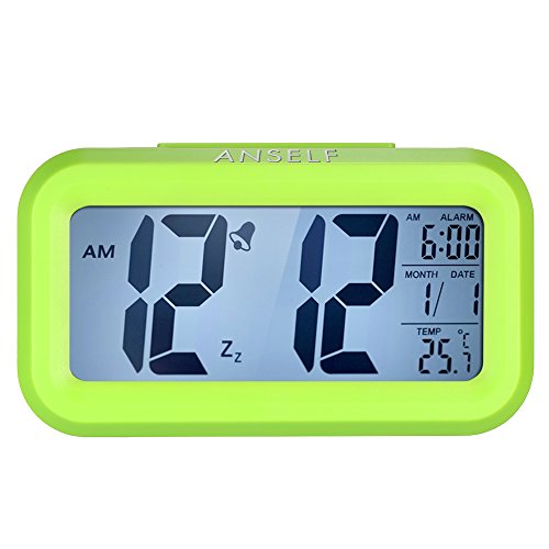 Anself LED Digital Alarma Despertador Reloj Repetición activada por luz Snooze Sensor de luz Tiempo Fecha Temperatura (Verde)