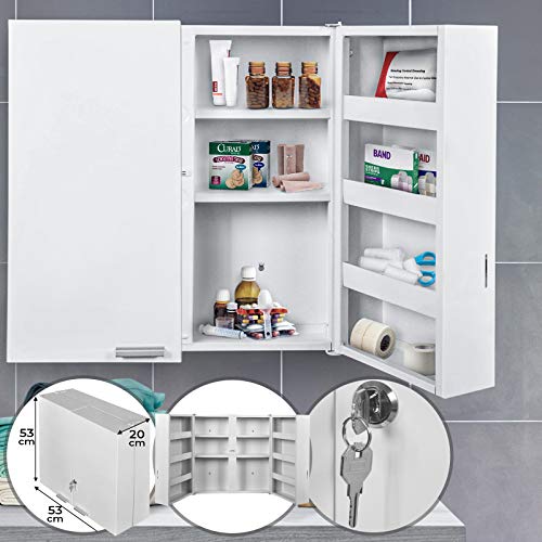 Armario de Pared para Medicinas - Grande (53x53x20cm), 2 Puertas y 11 Compartimentos, Blanco, 2 Llaves - Armario de Primeros Auxilios, Estantería Medicamentos, Botiquín de Baño Armario de Pared para Medicinas - Grande (53x53x20cm), 2 Puertas y 11 Compartimentos, Blanco, 2 Llaves - Armario de Primeros Auxilios, Estantería Medicamentos, Botiquín de Baño