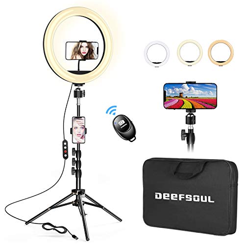 Aro de Luz 10.2" con Tripode, DEEFSOUL Anillo de luz para movil, con 2 Soportes para teléfono móvil y Bolsas de Almacenamiento, 10 Brillos Regulable para Fotografía,Maquillaje,Youtube,TIK Tok Live