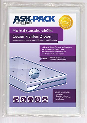 ASK Pack Bolsa de Colchón Premium Queen - con Cierre Cremallera - para Colchónes de 160cm Ancho / 200cm Largo / 30cm Grosor - Extra Fuerte 120µ