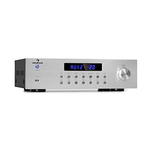 Auna AV2-CD850BT - Amplificador estéreo hi-fi, 4 Zonas, 8 x 50 W de Potencia Media, Bluetooth, Puerto USB, 3 entradas de línea Distintas, LED, Mando a Distancia con Alcance de 30 m, Plateado