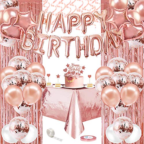 AYUQI Decoraciones de Cumpleaños de oro rosa, Pancarta de Feliz Cumpleaños,Globos de confeti Blanco y Dorado Rosa,Globos de Papel de Aluminio,Cortinas de papel de oro rosa, Mantel de plástico