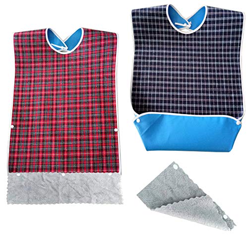 Baberos para Adultos,Yueser 2pcs Baberos Reutilizables Impermeables para Adultos con 2 Toallas Protector de Ropa Ambos para Hombres y Mujeres de Edad Mantiene Mealtime Aseado (Azul Oscuro,Rojo)