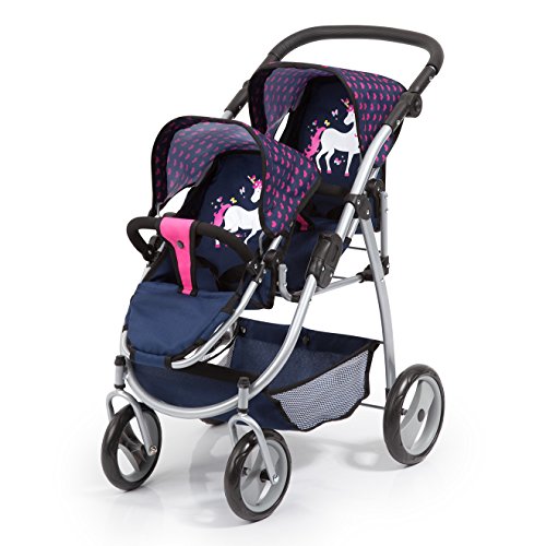 Bayer Design 26554Aa, Carrito Doble Para Muñecas, Cochecito Gemelar Juguet, Altura Regulable, Plegable, Diseño Único Rnio, Azul, Rosa, Color