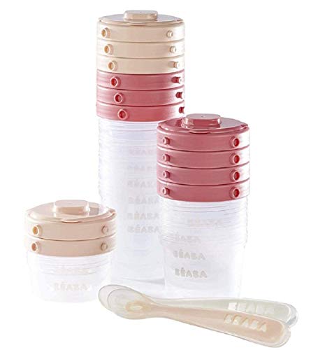 BÉABA Juego de 12 Tarritos de Conservación y 2 Cucharas de Silicona, Recipientes apilables y con clip, 100 % herméticos con Graduación, Congelación, 2x60 ml & 4x120 ml & 6x200 ml, Rosa