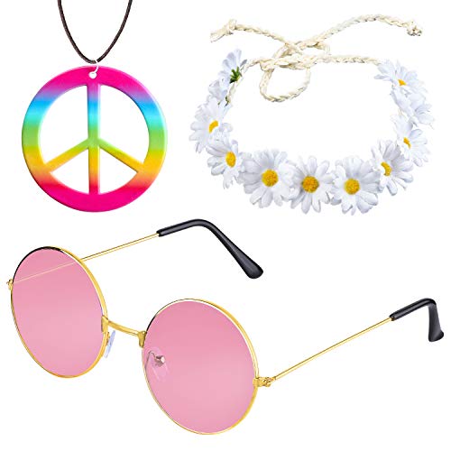 Beelittle Hippie Costume Set - Estilo Retro de los años 60 Gafas Vintage Signo de la Paz Collar Corona de Girasol Banda para el Cabello Conjunto de Accesorios de aderezo de Hippie de los años 60 (B) Beelittle Hippie Costume Set - Estilo Retro de los años 60 Gafas Vintage Signo de la Paz Collar Corona de Girasol Banda para el Cabello Conjunto de Accesorios de aderezo de Hippie de los años 60 (B)