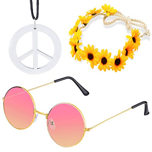 Beelittle Hippie Costume Set - Estilo Retro de los años 60 Gafas Vintage Signo de la Paz Collar Corona de Girasol Banda para el Cabello Conjunto de Accesorios de aderezo de Hippie de los años 60 (A)