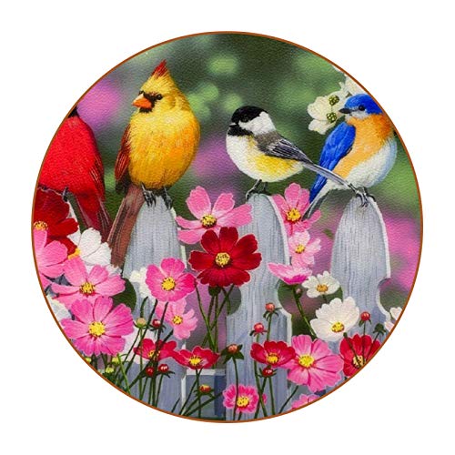 Bennigiry Flores de Primavera y pájaros cantores de Cuero Tapetes Redondos Resistentes al Calor para Tazas Taza de café Tapetes Individuales para Tazas de Vidrio, 6 Piezas