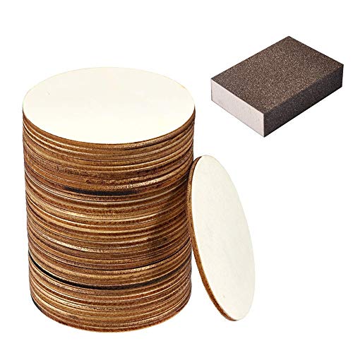 BESTINE 50pcs Madera Sin Terminar 10x10cm/4 Pulgadas Rebanadas de Madera en Blanco Liso Natural 2mm Grosor para Artesanía en Madera Decoración Manualidades Posavasos (Round,with Sanding Sponge)