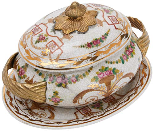 Better & Best Soperita P Forero Oro Sopera de cerámica, redonda, con asas de bronce, con tapa y plato, decorada con motivos florales, medidas 16x12x12 cm