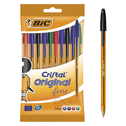 BIC Cristal Original Fine - Bolígrafos punta fina (0.8 mm), Blíster de 10 unidades, Colores Surtidos