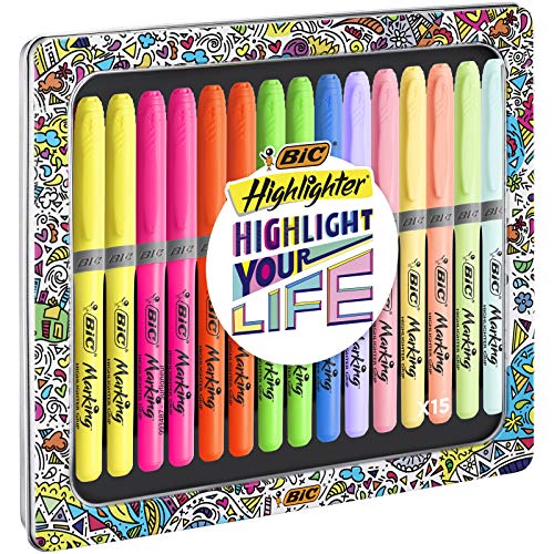 BIC Highlighter Collection Box - Varios Colores en Tonos Intensos y Pastel, Caja Metálica de Regalo con 15 Uds.