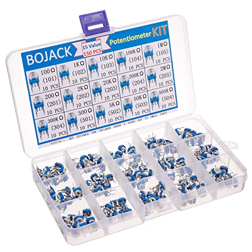 BOJACK 15 Valores 150 piezas 100 Ohm- 2M Ohm Resistencia variable Kit de surtido de Potenciómetros de 6 mm Embalado en una caja de plástico transparente