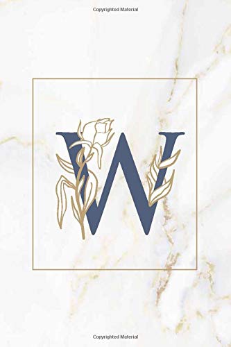 Bookiny Notebook : Blue Gold Monogram Initial Letter W with Marble and Gold Floral Notebook Journal , Gift Idea: Cream Paper , Soft Cover , Matte Finish , Large (6 x 9 inches) 110 Lined Pages