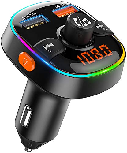 Bovon Transmisor FM Bluetooth Coche, Luz Ambiental de 7 Colores con Modo de Respiración, Adaptador Radio Bluetooth 5V/2.4A+QC3.0 Cargador Coche, Manos Libres Coche, Soporte para Disco U/Tarjeta TF