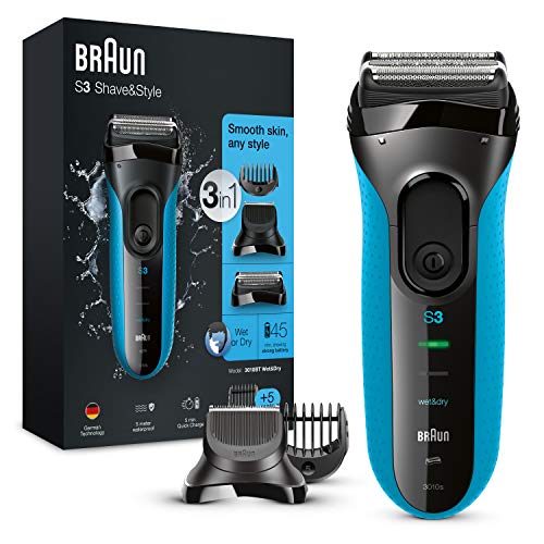 Braun Series 3 Proskin Shave&Style 3010BT, Afeitadora Eléctrica 3 en 1 Wet & Dry para Hombre con Recortadora de Precisión para la Barba y 5 Peines, Recargable e Inalámbrica, Negro/Azul