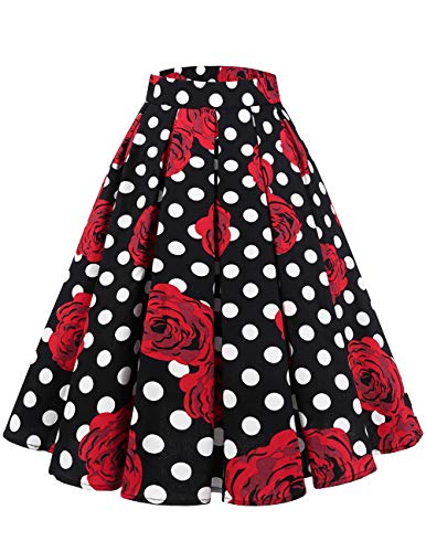 Bridesmay Falda Plisada Estampada Floral/a Lunares Vintage de Años para Mujeres Black Red Rose Dot XL