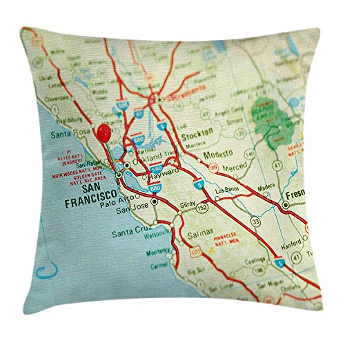 Butlerame Funda de Almohada con Mapa, Mapa Vintage del área de la bahía de San Francisco con alfiler Rojo, ubicación de Viaje de la Ciudad, 45 x 45 cm, Azul Claro, Verde pálido, Rojo