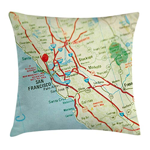 Butlerame Funda de Almohada con Mapa, Mapa Vintage del área de la bahía de San Francisco con alfiler Rojo, ubicación de Viaje de la Ciudad, 45 x 45 cm, Azul Claro, Verde pálido, Rojo Butlerame Funda de Almohada con Mapa, Mapa Vintage del área de la bahía de San Francisco con alfiler Rojo, ubicación de Viaje de la Ciudad, 45 x 45 cm, Azul Claro, Verde pálido, Rojo
