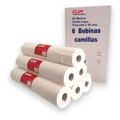 Caja de 6 rollos papel camilla Clim Profesional® extrablanco con doble capa y 65 mts de longitud, papel liso de calidad en rollos con precorte para un uso más fácil en camillas.