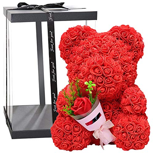 Chen0-super Oso de Rosas para niñas, 40cm / 15.75 '' Flor de Oso de Peluche de Rosa eterna con Caja de Regalo, Decoración de muñeca de Oso de Flor Artificial Hecha a Mano, San Valentín