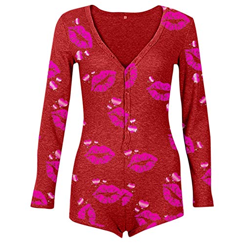 CHMORA Onesie - Pijama de una pieza para mujer, sexy, cuello en V, parte trasera funcional, con solapa, con botones, pijama para mujer, de manga larga, mameluco para dormir, regalos para mujer