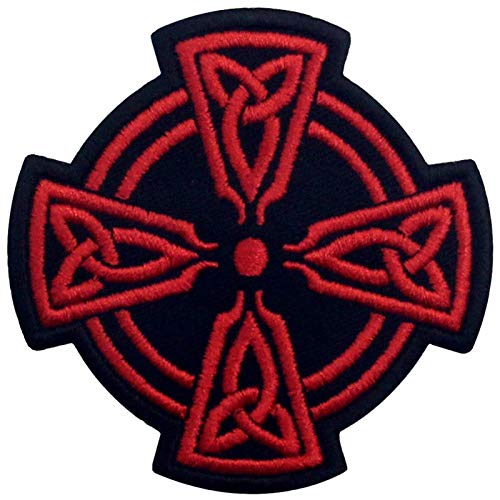 Círculo de Cruz Celta Parche Bordado de Aplicación con Plancha, Negro rojo