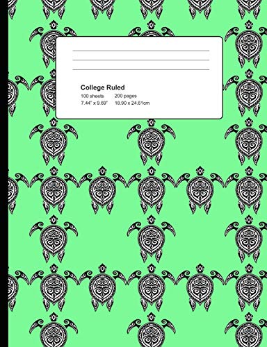 College Ruled 200 Pages: Pale Green Tribal Turtle  Pattern Composition Notebook, Sea Turtle Pattern School Notebook, Journal, Hawaiin Tribal Turtle Pattern College Notepad