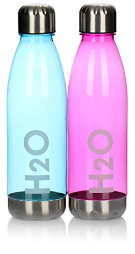 com-four® 2X Botella de Agua de Plástico - Botella Ligera para Deporte, Escuela, Universidad y Ocio, con Tapa de Rosca y Fondo de Acero Inoxidable (Violeta + Azul)