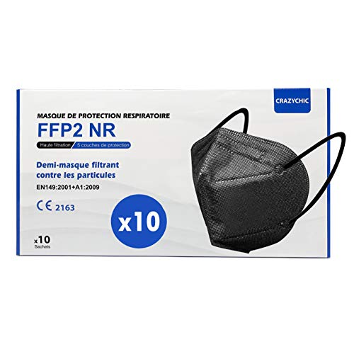 CRAZYCHIC - Mascarilla FFP2 Negra Homologada Certificada CE EN149 - Mascarilla de Protección Respiratoria - Protectora Respirador Antipolvo - 5 Capas Alta Filtración - Paquete de 10 Piezas