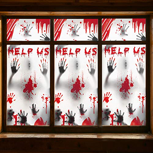 Decoraciones de Halloween de vantana zombis - 3 piezas de siluetas de zombis con huellas de manos gigantes y sangrientas, tratamiento de ventana espeluznante, decoración Halloween