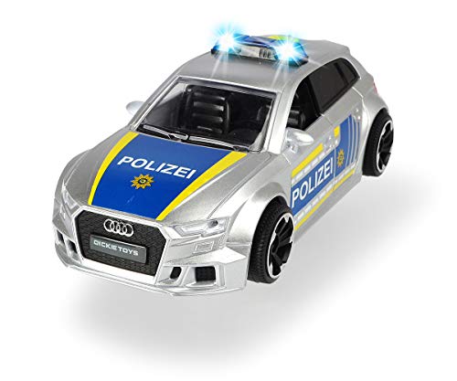 Dickie Toys 203713011 Audi RS3 - Coche de policía con fricción con Accesorios y Bloqueo de Carretera, luz y Sonido, Incluye Pilas, Escala 1:32, 15 cm, a Partir de 3 años, Color Plateado y Azul