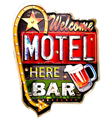 DiiliHiiri Cartel Retro Luminoso Motel Hotel Bienvenidos Estilo Vintage Letrero Metálico Artesania Accesorios para Decoración Hogar de los Años 50 Bar