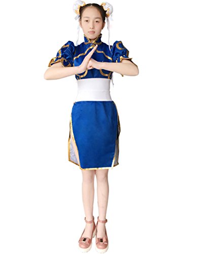 Double Villages Disfraz de Chun Li de Chun Li para cosplay de Chun Li, vestido azul de anime Street Fighter, disfraz de Lolita para niñas